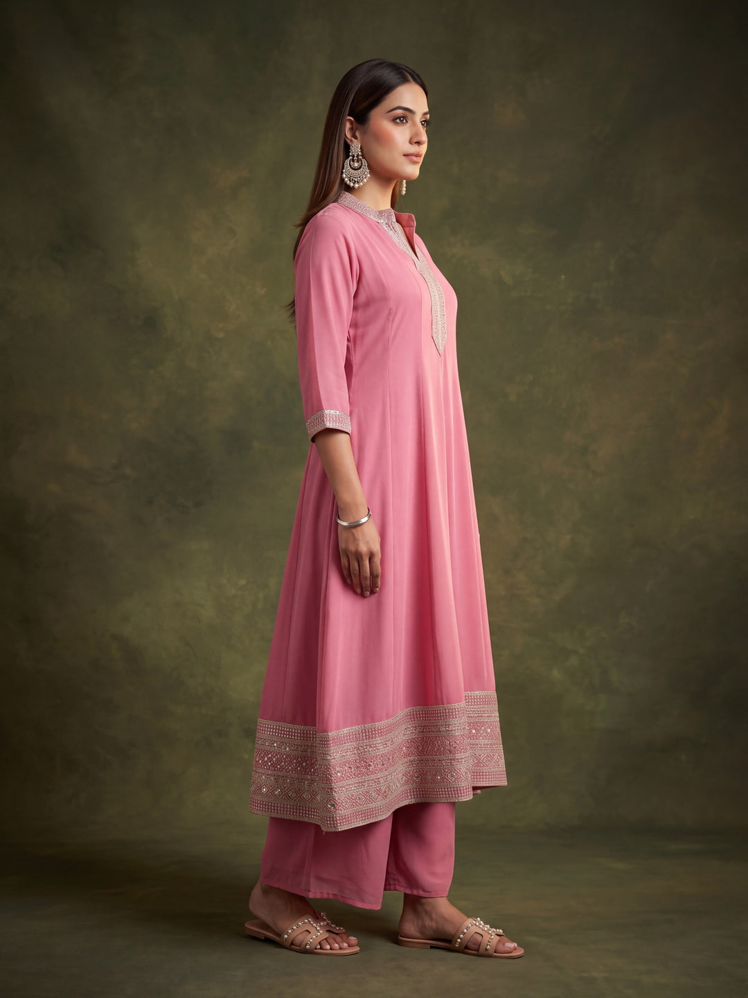 Onion Pink Georgette Gold Zariwork Anarkali Kurta With Palazzo And Dupatta