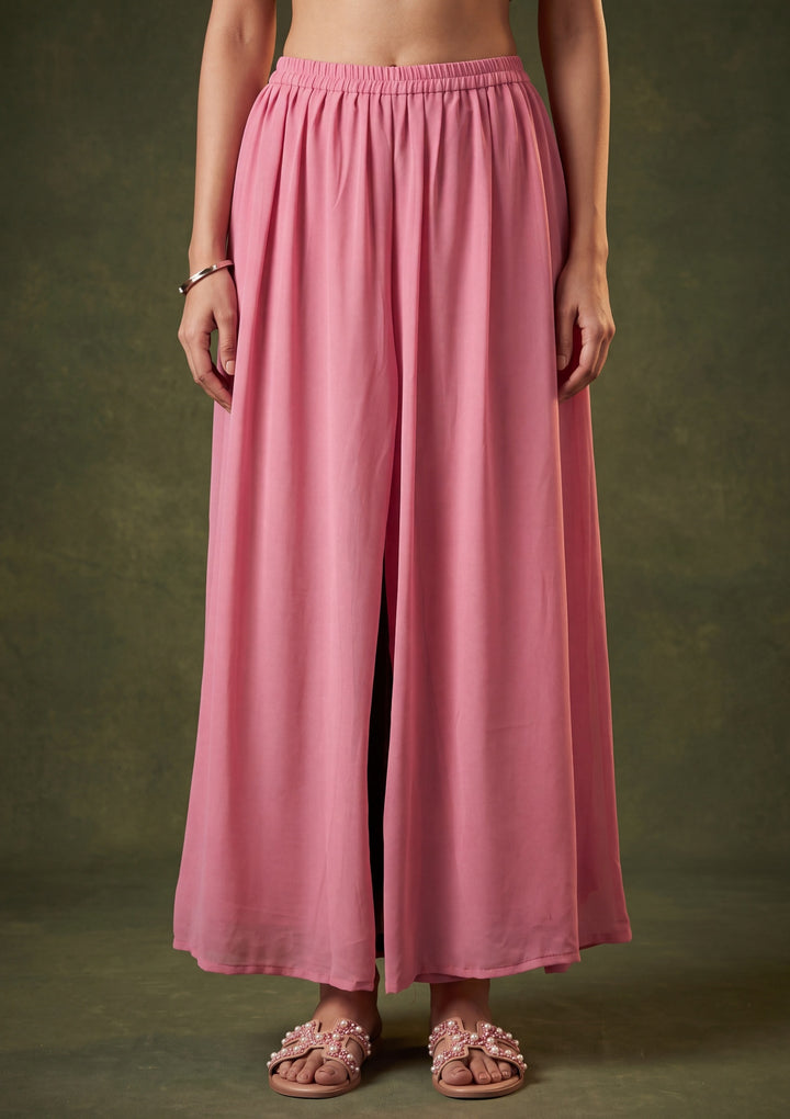 Onion Pink Georgette Gold Zariwork Anarkali Kurta With Palazzo And Dupatta