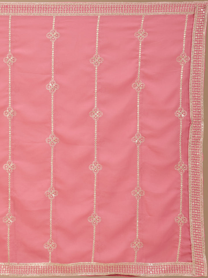 Onion Pink Georgette Gold Zariwork Anarkali Kurta With Palazzo And Dupatta