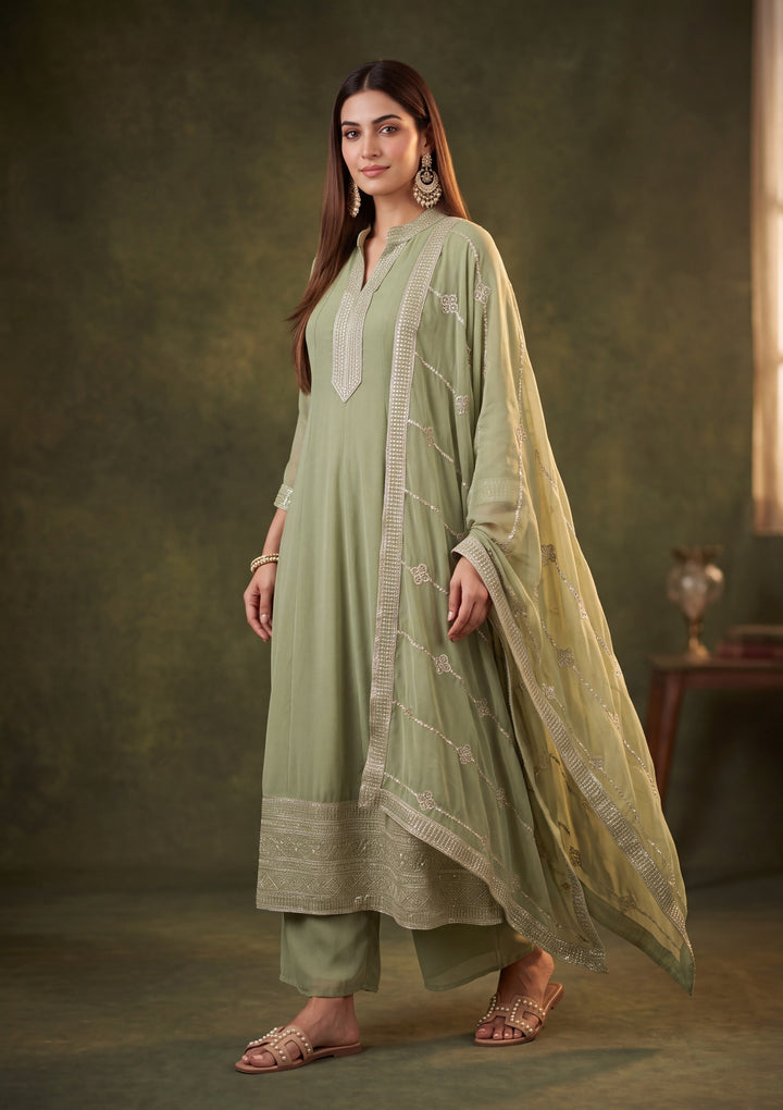 Pista Green Georgette Gold Zariwork Anarkali Kurta With Palazzo And Dupatta