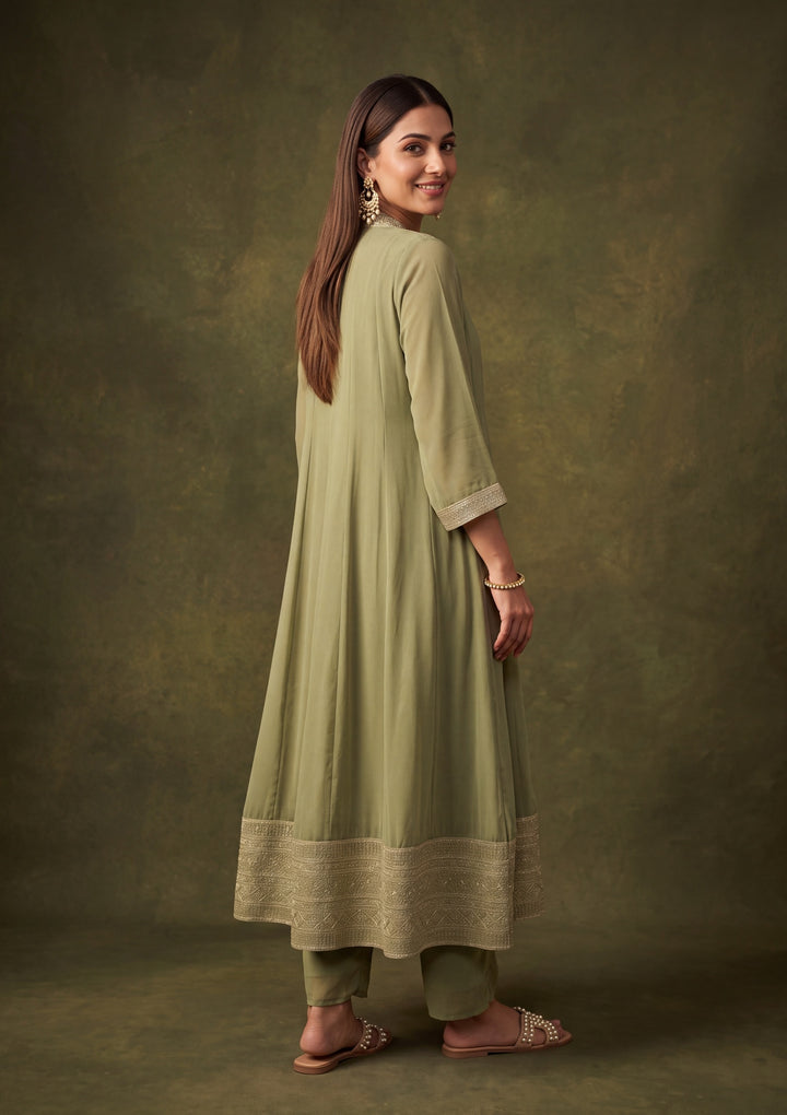 Pista Green Georgette Gold Zariwork Anarkali Kurta With Palazzo And Dupatta