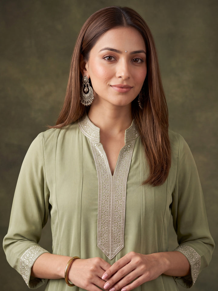 Pista Green Georgette Gold Zariwork Anarkali Kurta With Palazzo And Dupatta