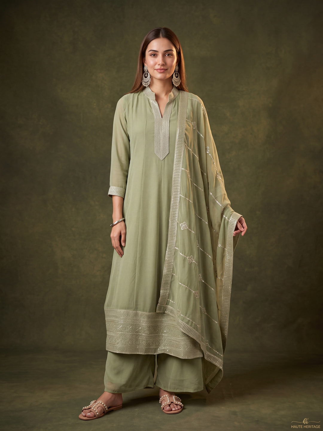 Pista Green Georgette Gold Zariwork Anarkali Kurta With Palazzo And Dupatta