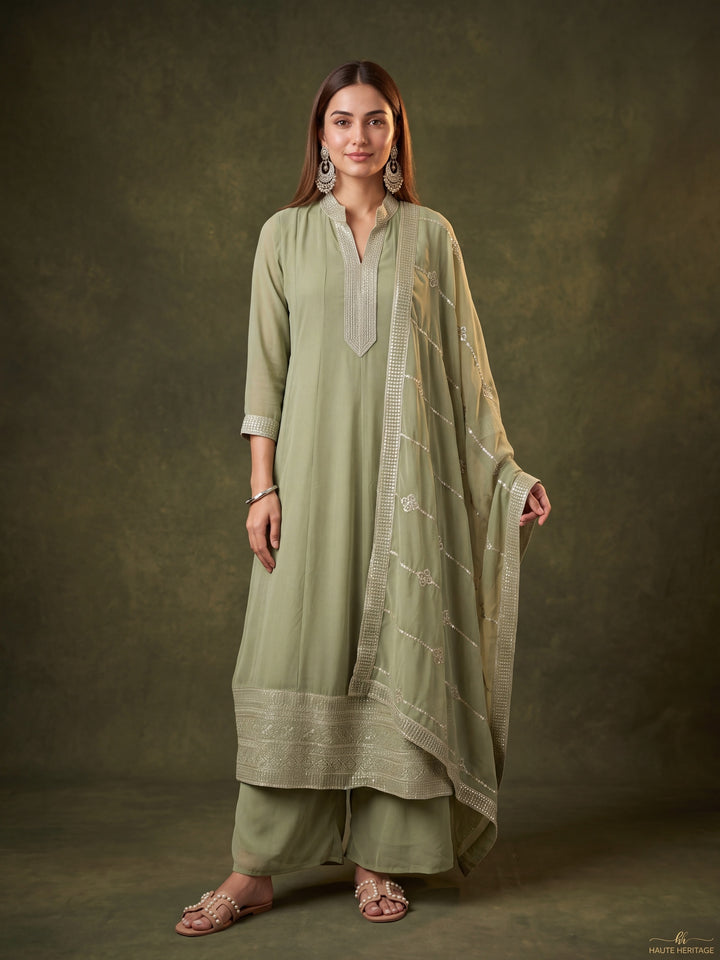 Pista Green Georgette Gold Zariwork Anarkali Kurta With Palazzo And Dupatta