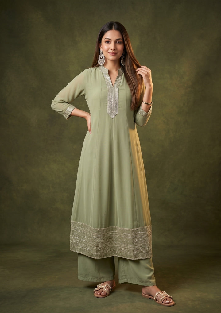 Pista Green Georgette Gold Zariwork Anarkali Kurta With Palazzo And Dupatta