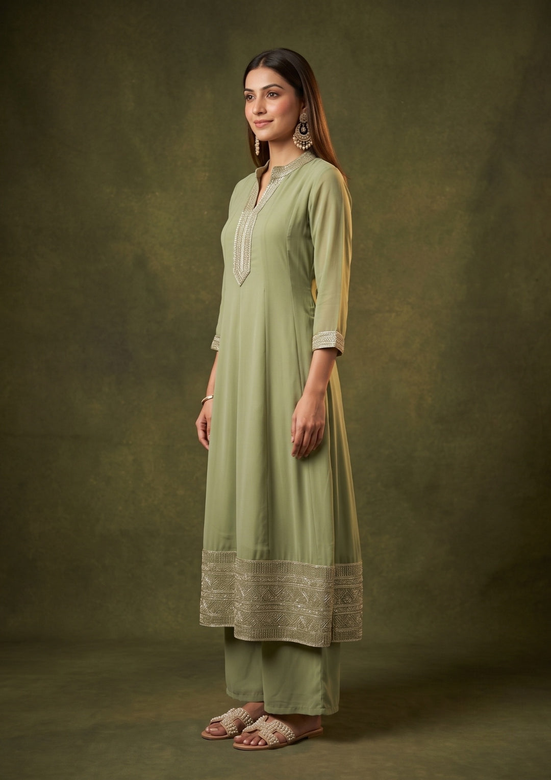 Pista Green Georgette Gold Zariwork Anarkali Kurta With Palazzo And Dupatta