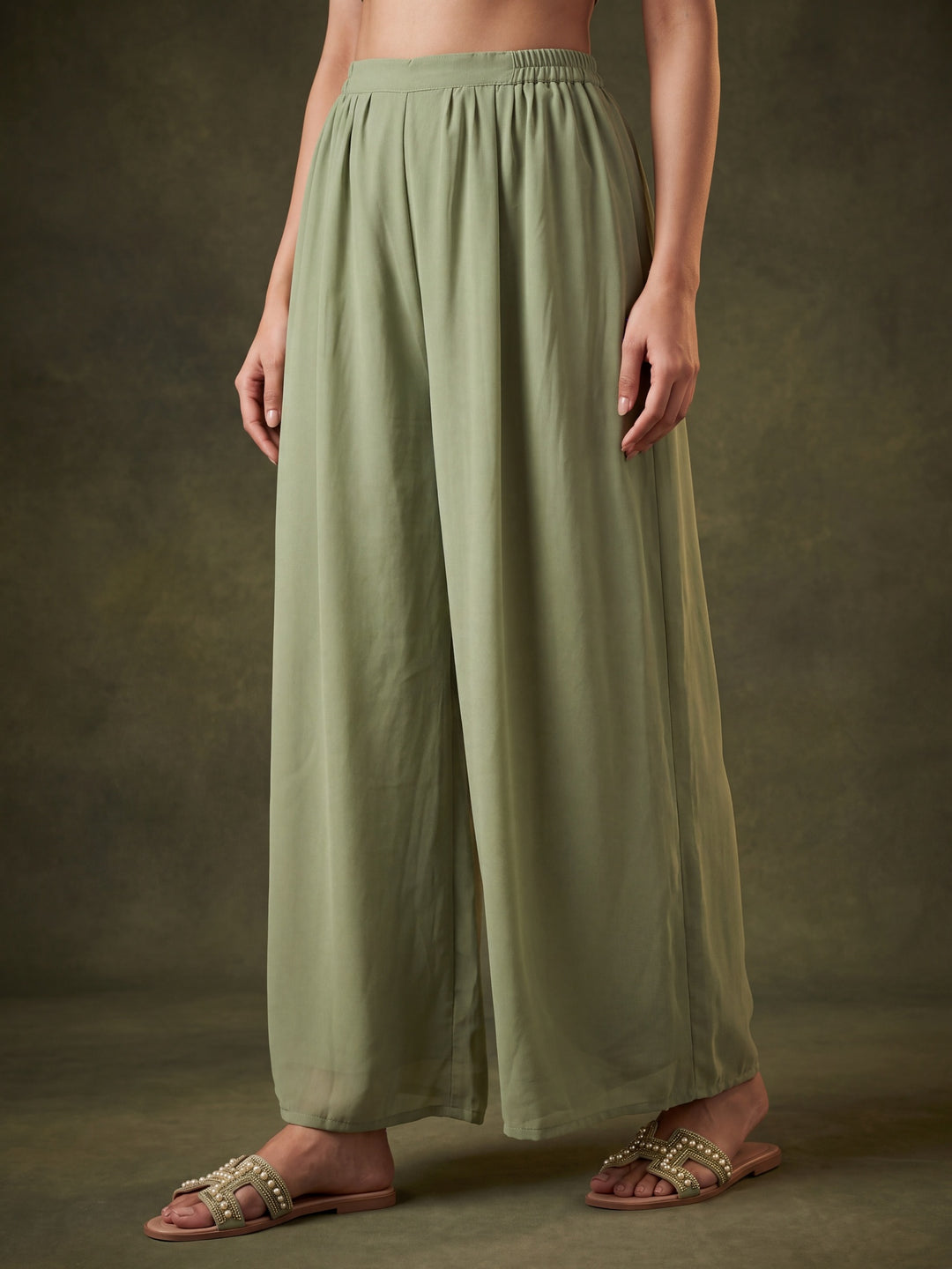 Pista Green Georgette Gold Zariwork Anarkali Kurta With Palazzo And Dupatta