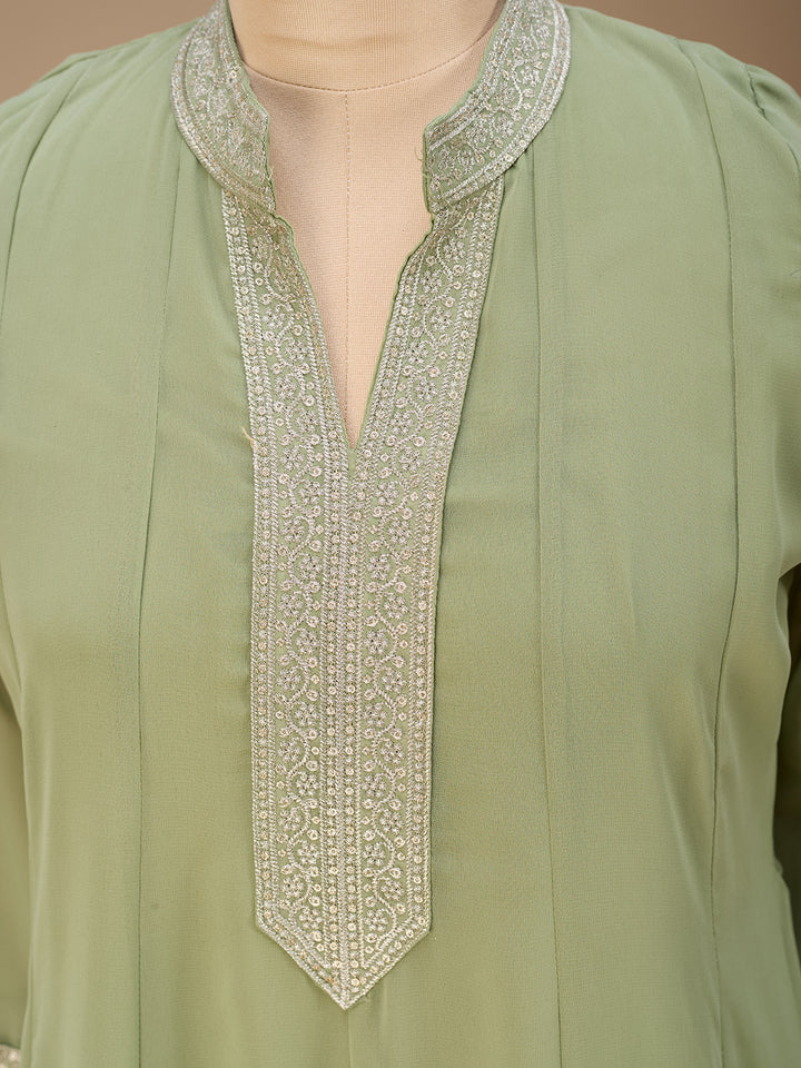 Pista Green Georgette Gold Zariwork Anarkali Kurta With Palazzo And Dupatta