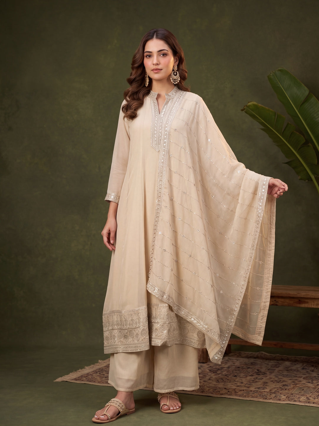 Beige Georgette Gold Zariwork Anarkali Kurta With Palazzo And Dupatta