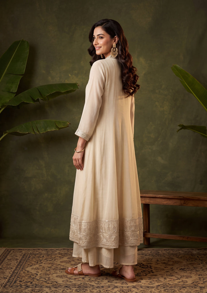 Beige Georgette Gold Zariwork Anarkali Kurta With Palazzo And Dupatta