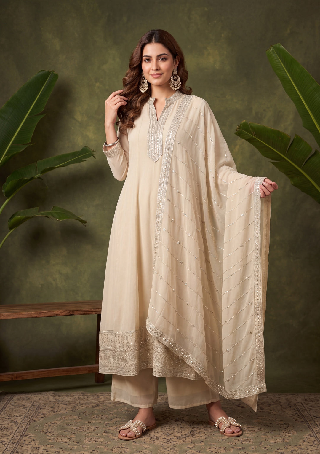 Beige Georgette Gold Zariwork Anarkali Kurta With Palazzo And Dupatta