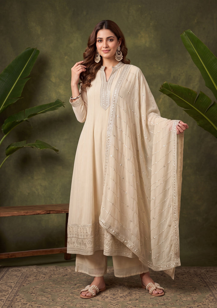 Beige Georgette Gold Zariwork Anarkali Kurta With Palazzo And Dupatta
