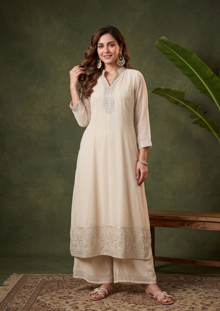 Beige Georgette Gold Zariwork Anarkali Kurta With Palazzo And Dupatta