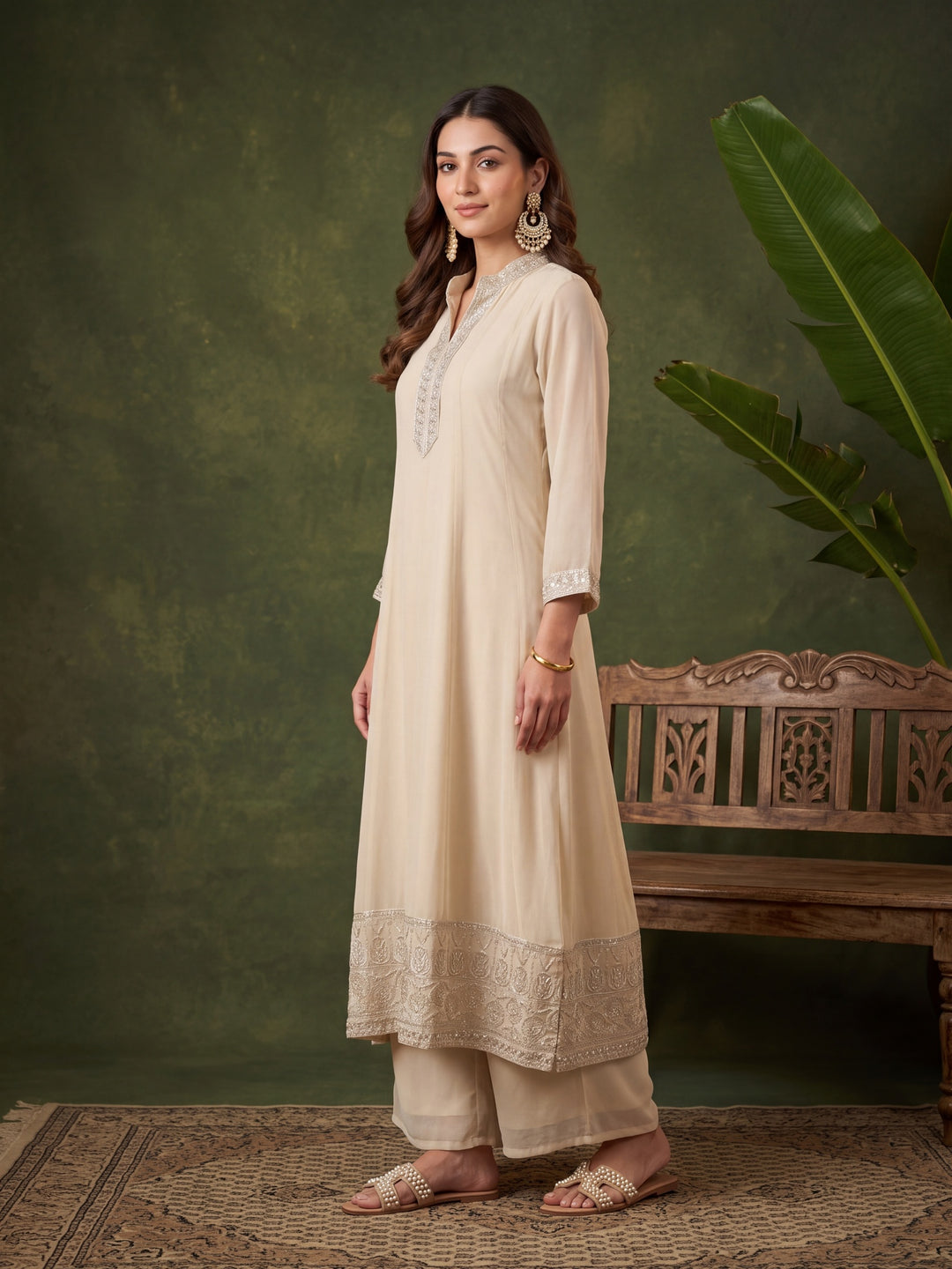 Beige Georgette Gold Zariwork Anarkali Kurta With Palazzo And Dupatta