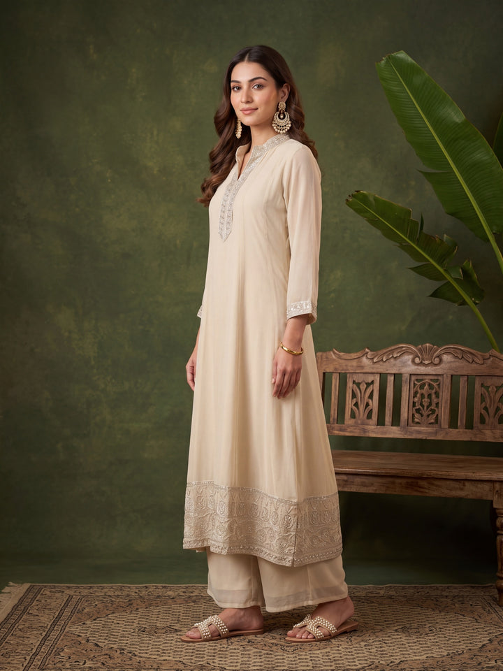 Beige Georgette Gold Zariwork Anarkali Kurta With Palazzo And Dupatta