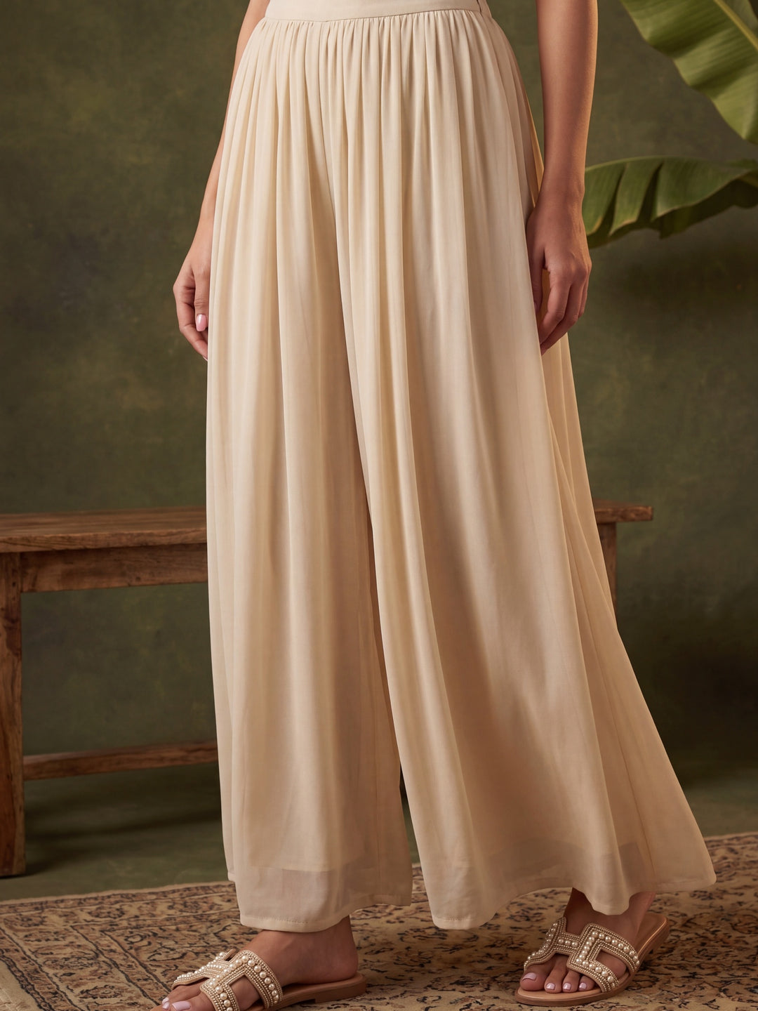 Beige Georgette Gold Zariwork Anarkali Kurta With Palazzo And Dupatta