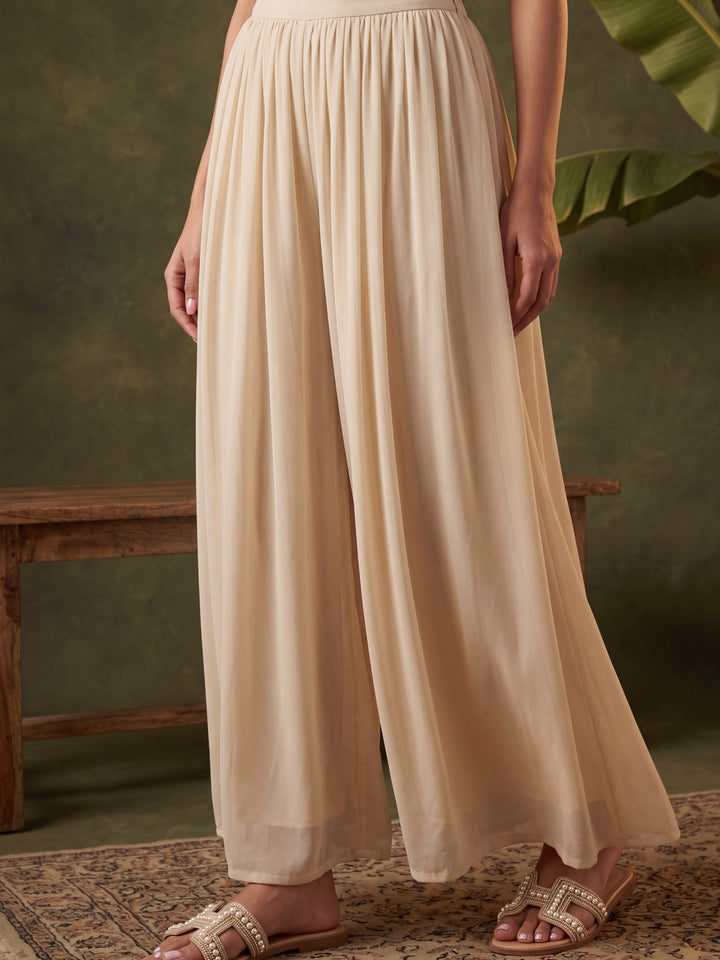 Beige Georgette Gold Zariwork Anarkali Kurta With Palazzo And Dupatta