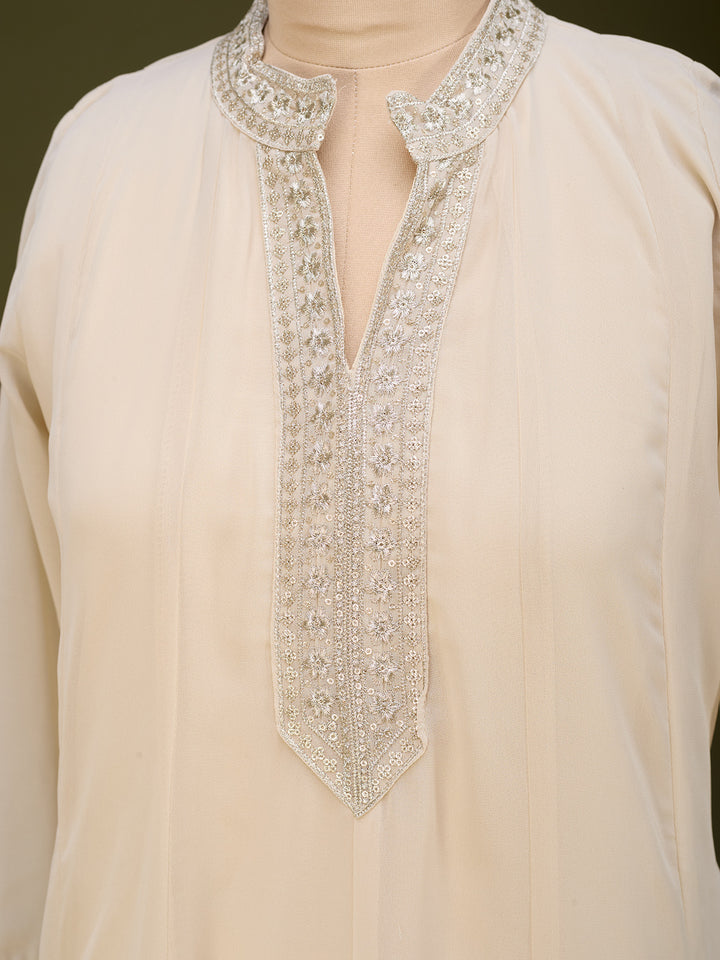 Beige Georgette Gold Zariwork Anarkali Kurta With Palazzo And Dupatta