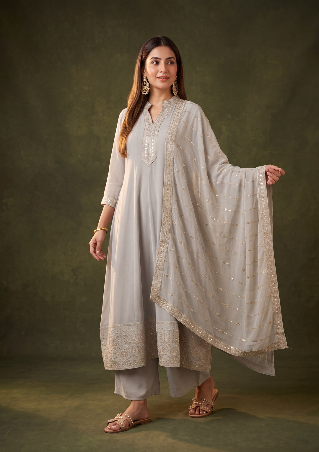 Light Grey Georgette Gold Zariwork Anarkali Kurta With Palazzo And Dupatta