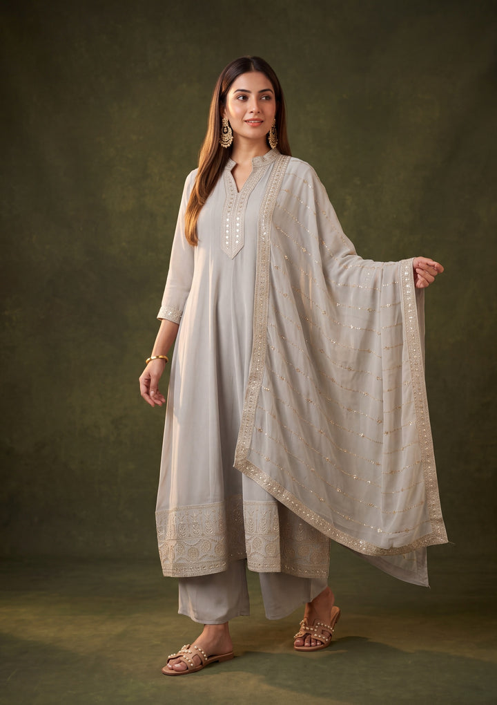 Light Grey Georgette Gold Zariwork Anarkali Kurta With Palazzo And Dupatta
