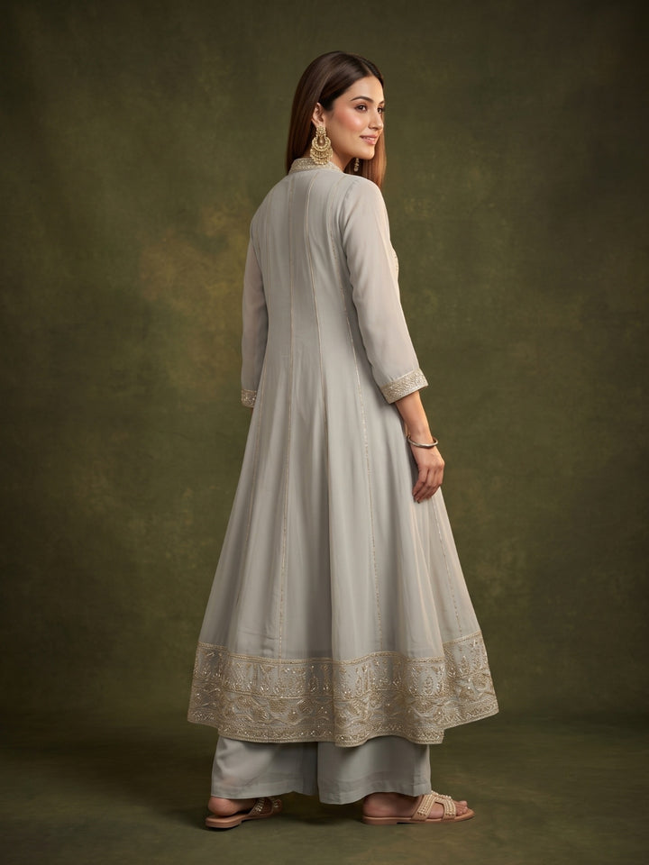 Light Grey Georgette Gold Zariwork Anarkali Kurta With Palazzo And Dupatta