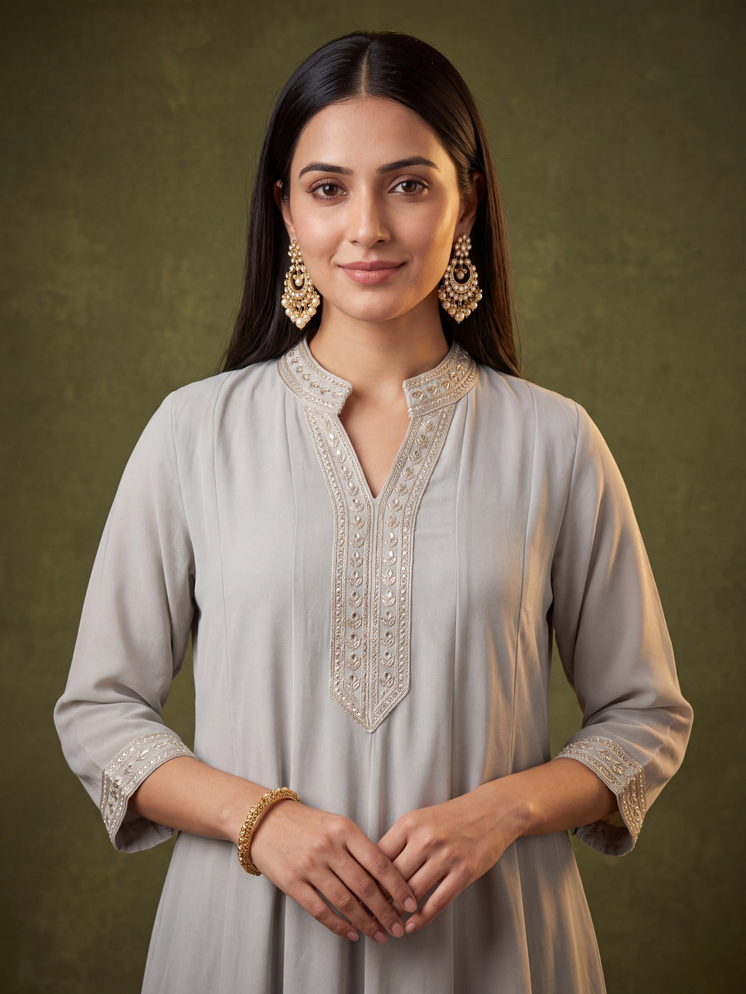 Light Grey Georgette Gold Zariwork Anarkali Kurta With Palazzo And Dupatta