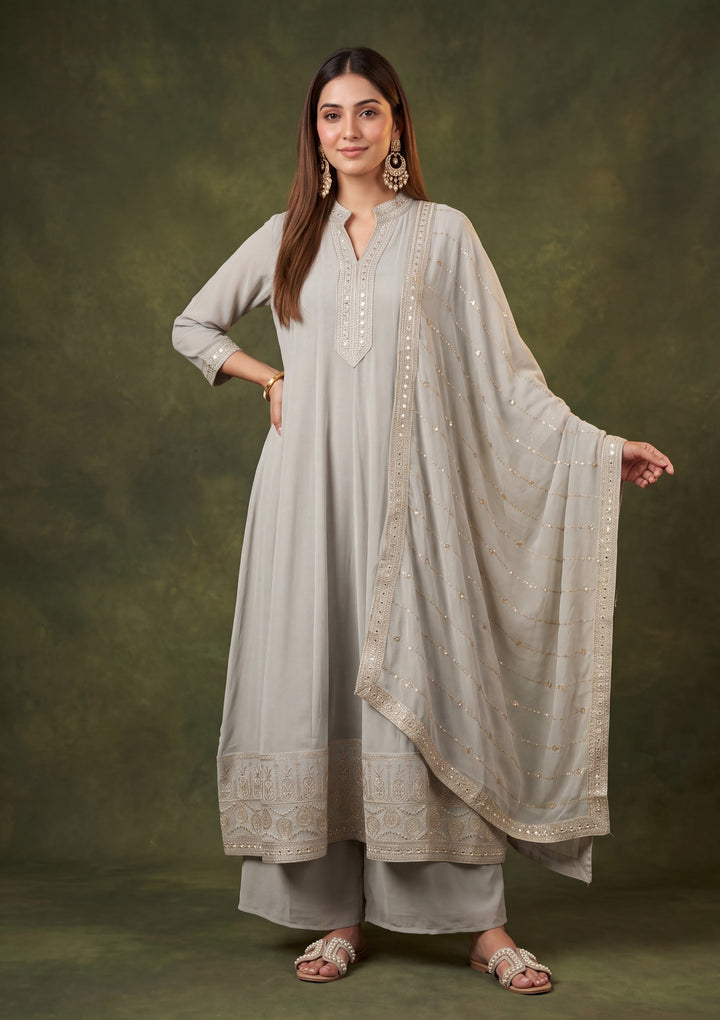Light Grey Georgette Gold Zariwork Anarkali Kurta With Palazzo And Dupatta