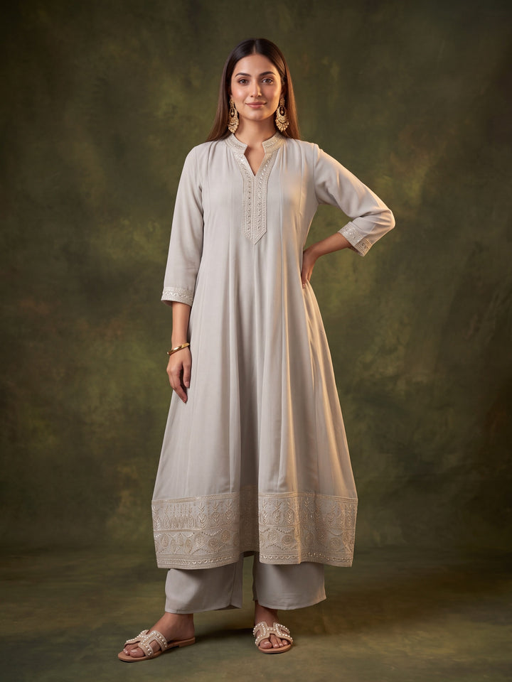Light Grey Georgette Gold Zariwork Anarkali Kurta With Palazzo And Dupatta