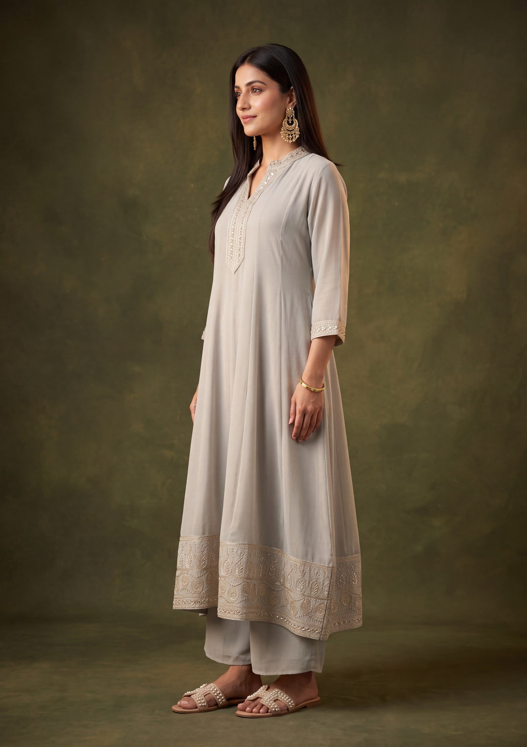 Light Grey Georgette Gold Zariwork Anarkali Kurta With Palazzo And Dupatta