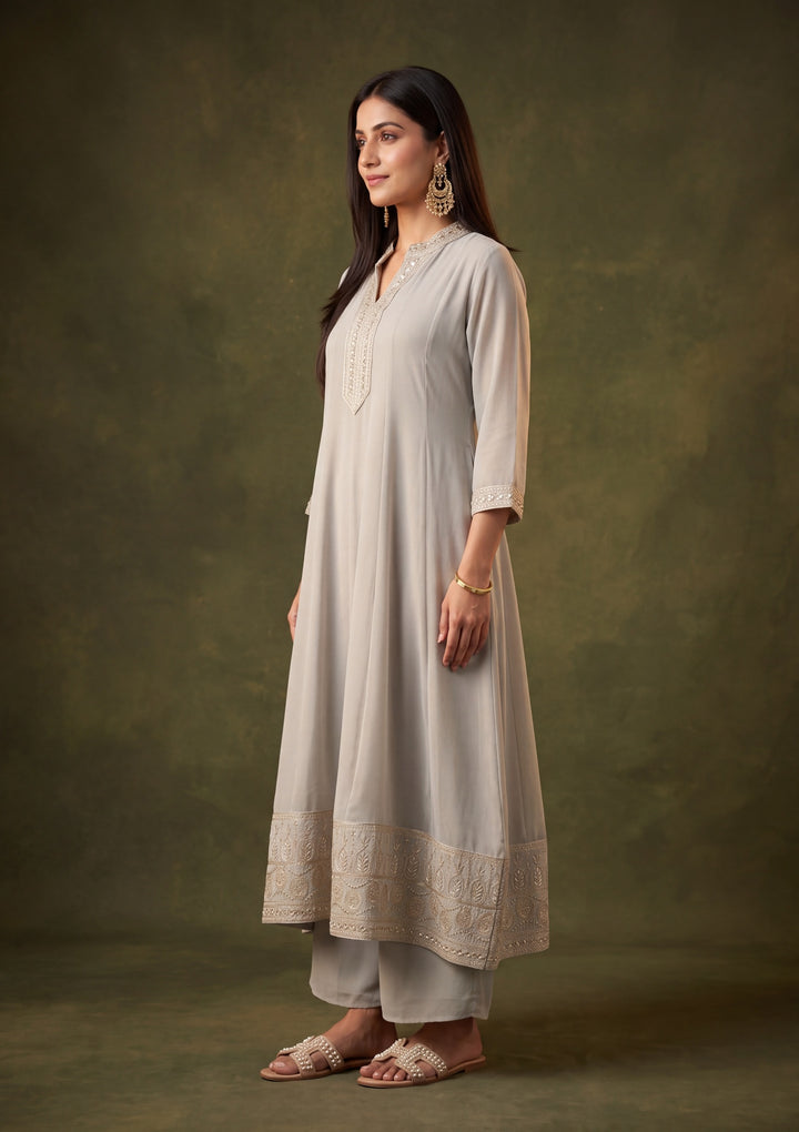 Light Grey Georgette Gold Zariwork Anarkali Kurta With Palazzo And Dupatta