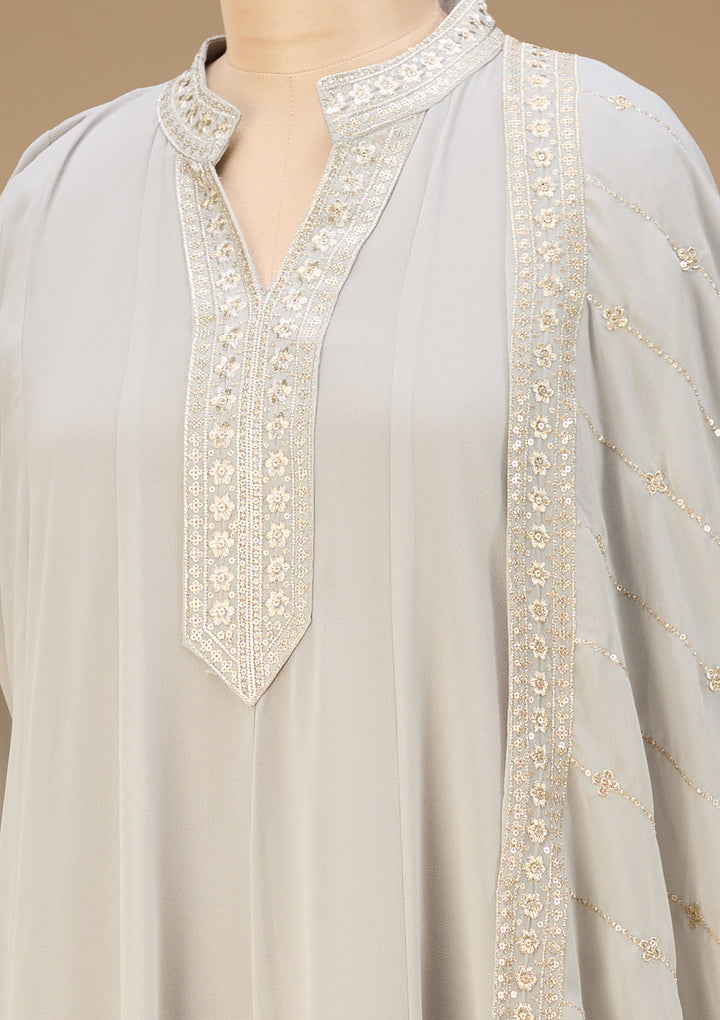 Light Grey Georgette Gold Zariwork Anarkali Kurta With Palazzo And Dupatta