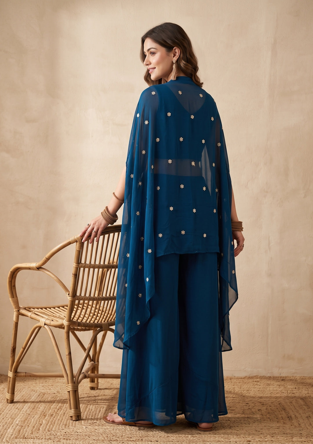 Peacock Blue Zariwork (Gold) Georgette Readymade Salwar Suit