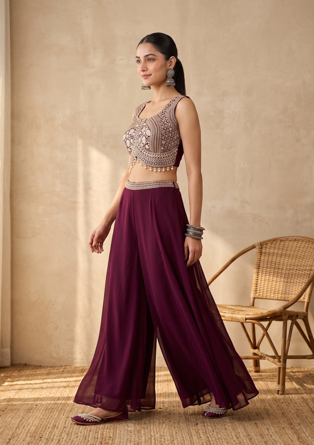 Wine Zariwork (Gold) Georgette Readymade Salwar Suit