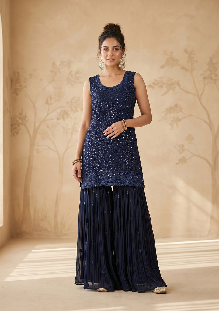 Navy Blue Threadwork Georgette Readymade Salwar Suit