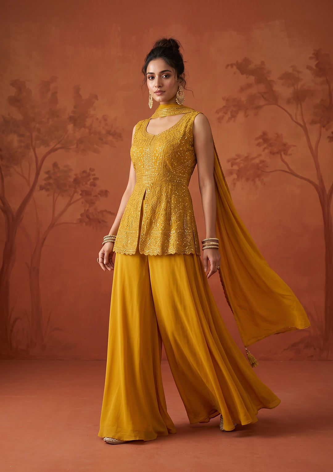 Mustard Threadwork Georgette Readymade Salwar Suit