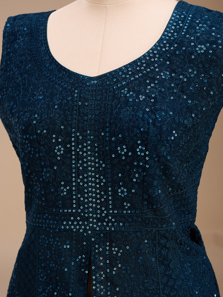 Peacock Blue Threadwork Georgette Readymade Salwar Suit