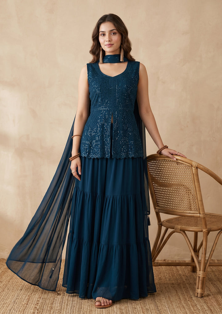 Peacock Blue Threadwork Georgette Readymade Salwar Suit