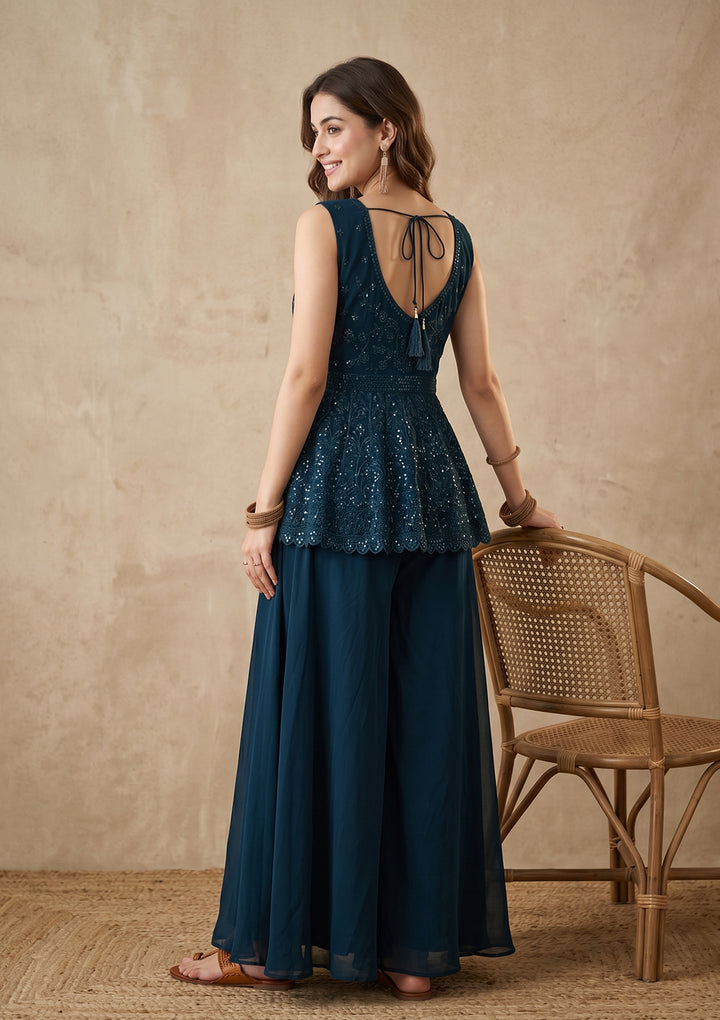 Peacock Blue Threadwork Georgette Readymade Salwar Suit
