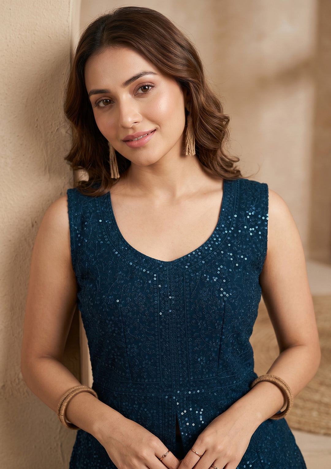 Peacock Blue Threadwork Georgette Readymade Salwar Suit