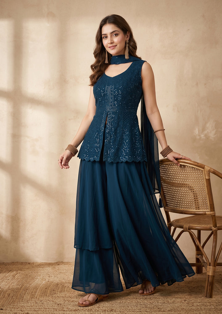 Peacock Blue Threadwork Georgette Readymade Salwar Suit