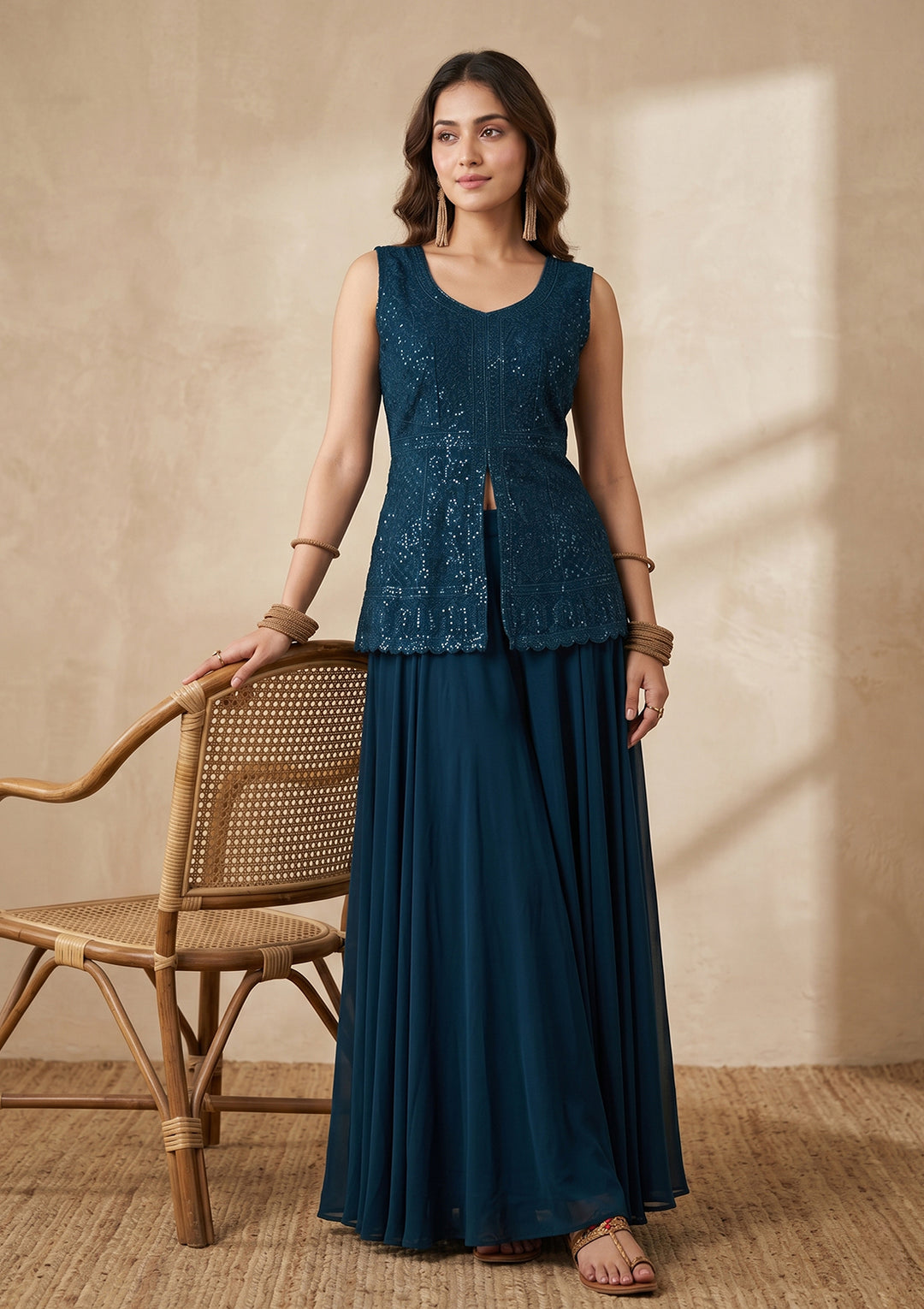 Peacock Blue Threadwork Georgette Readymade Salwar Suit