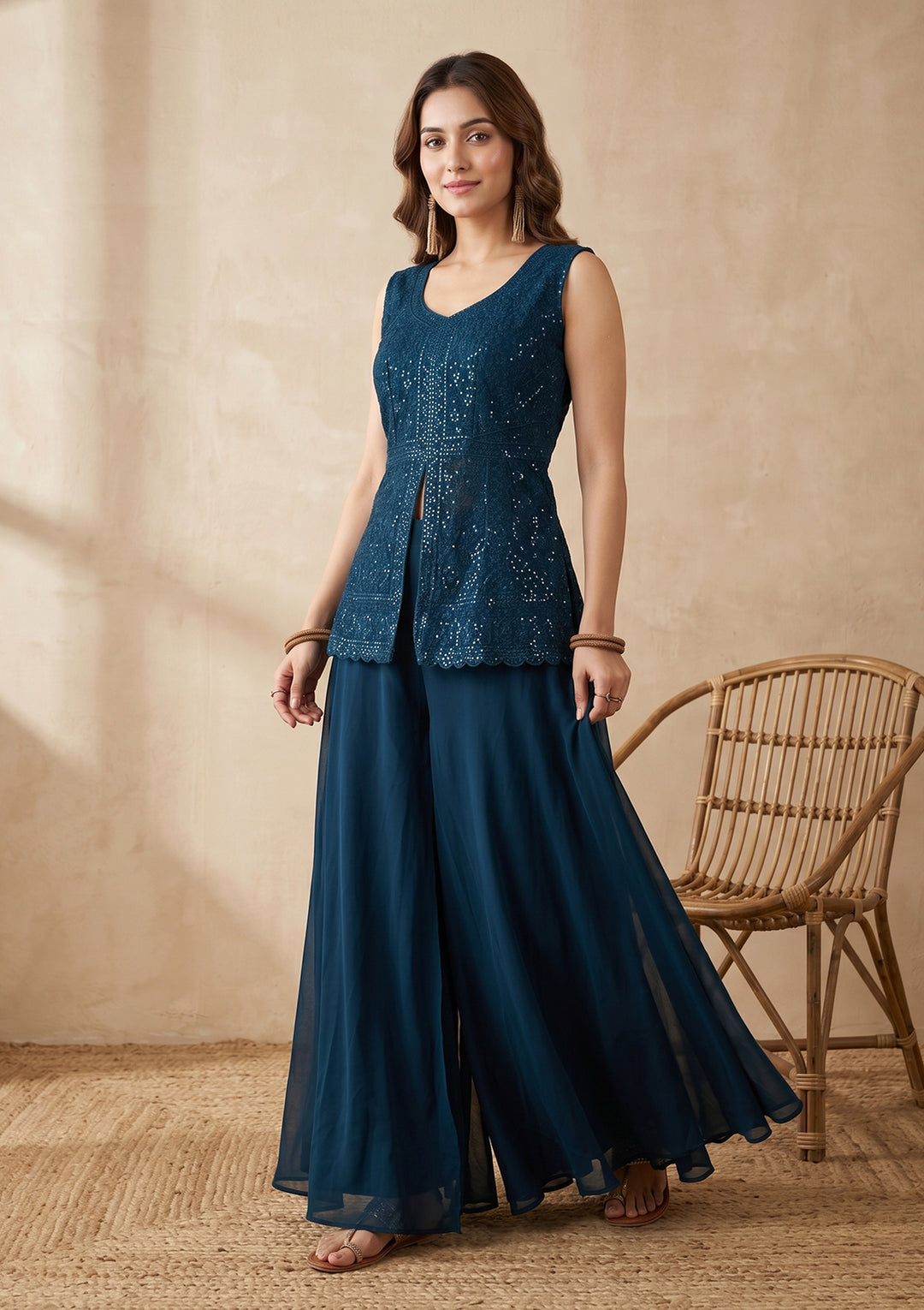 Peacock Blue Threadwork Georgette Readymade Salwar Suit