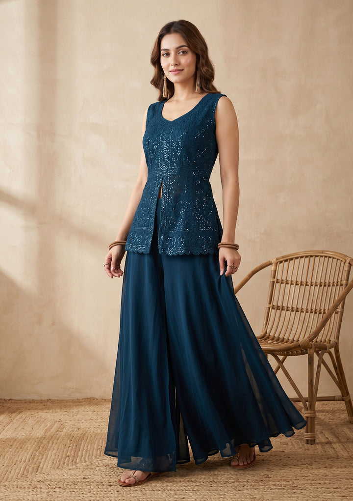 Peacock Blue Threadwork Georgette Readymade Salwar Suit