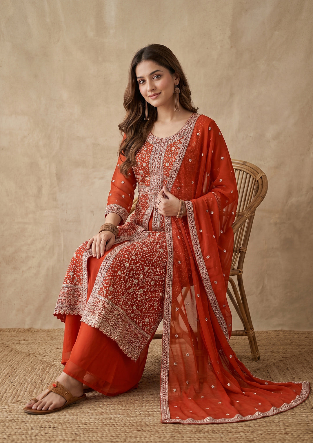 Orange Zariwork (Silver) Georgette Readymade Salwar Suit