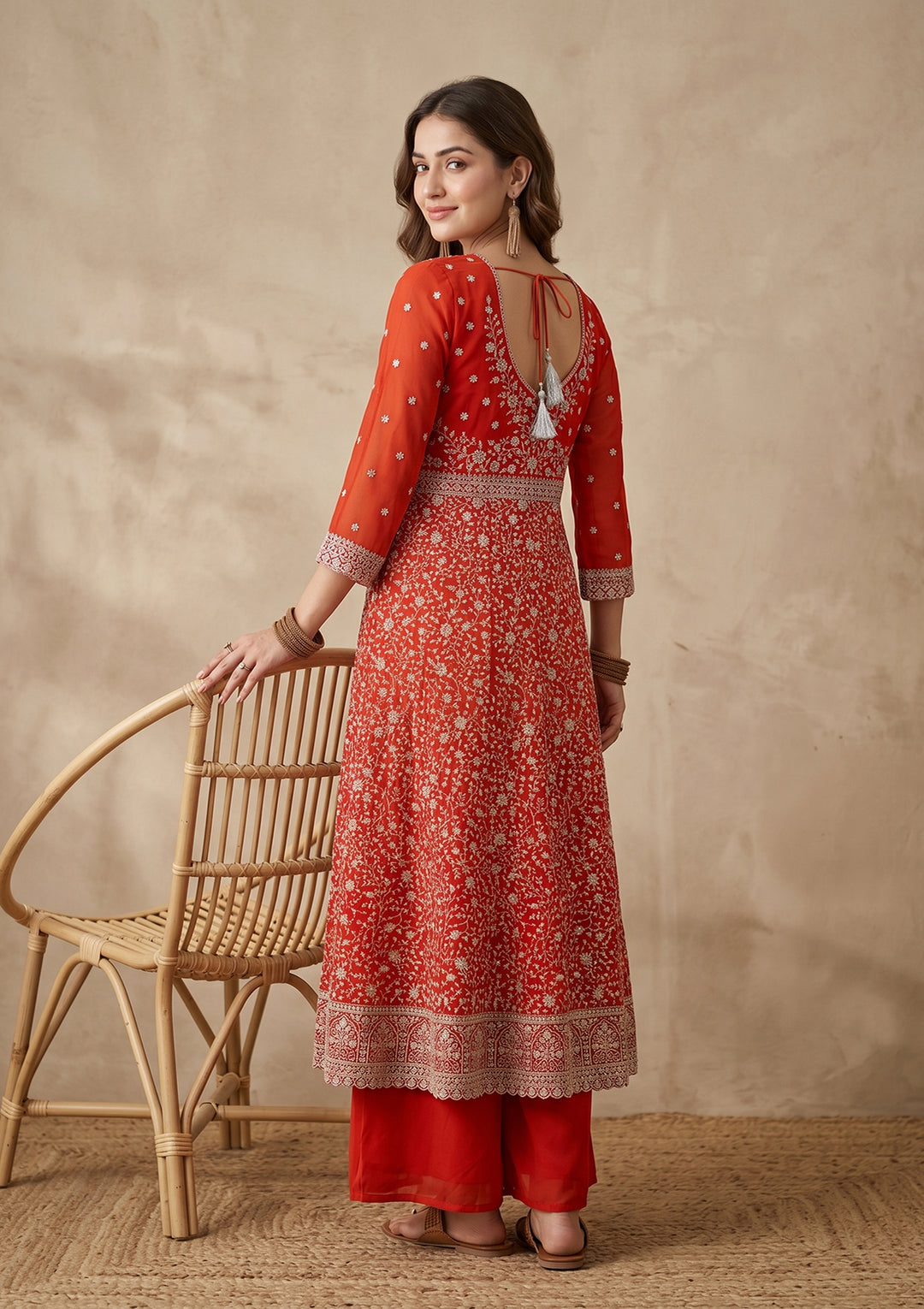 Orange Zariwork (Silver) Georgette Readymade Salwar Suit