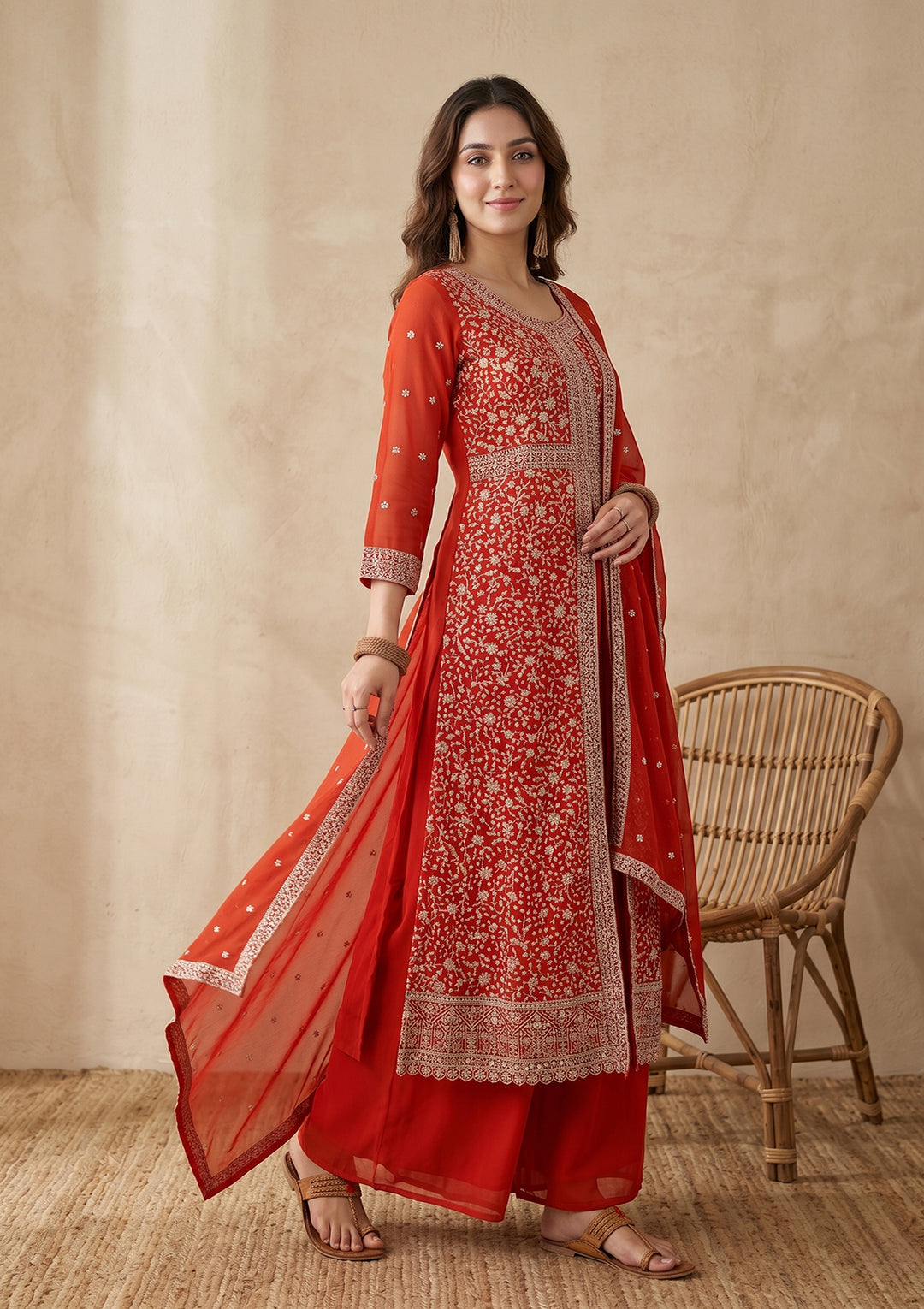 Orange Zariwork (Silver) Georgette Readymade Salwar Suit