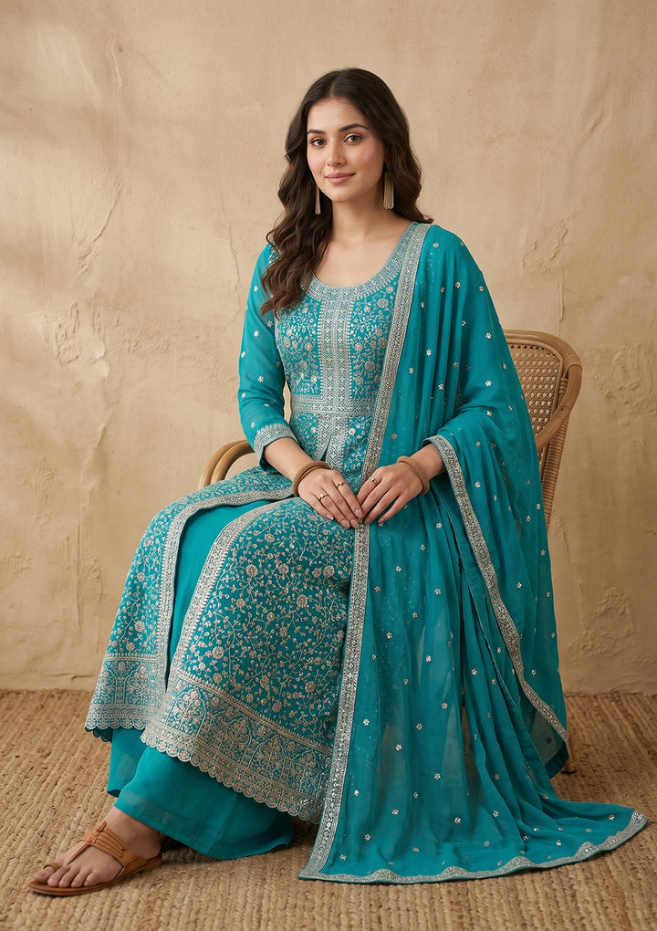 Turquoise Blue Zariwork (Silver) Georgette Readymade Salwar Suit