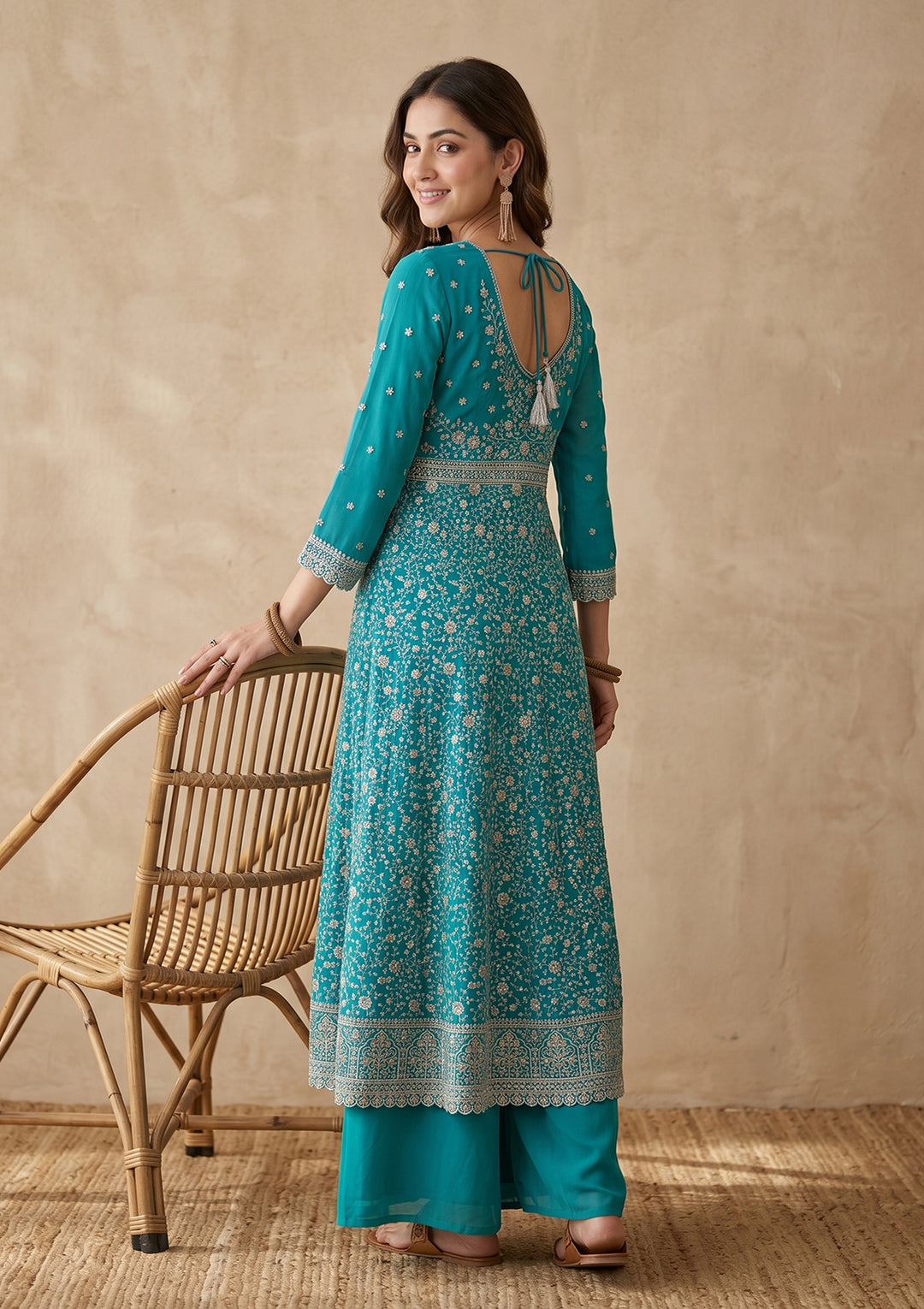 Turquoise Blue Zariwork (Silver) Georgette Readymade Salwar Suit