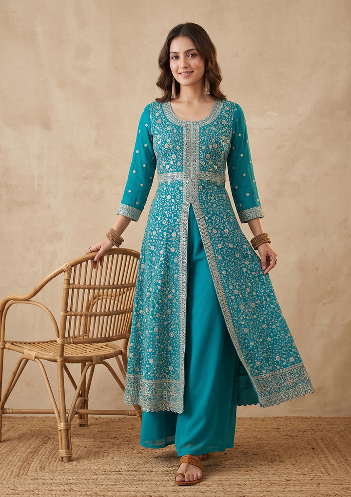 Turquoise Blue Zariwork (Silver) Georgette Readymade Salwar Suit
