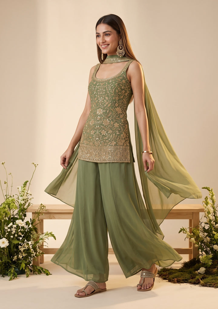 Pista Green Cutdana Georgette Readymade Salwar Suit
